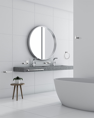 White bathroom inteiror, tub and shower